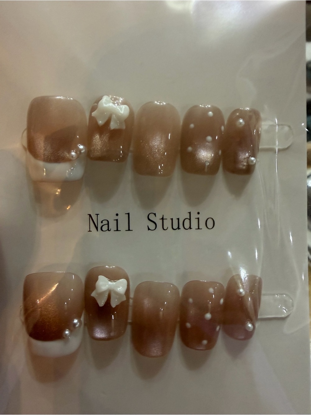 Nude Pink Pearl Press-On Nail Set with White Bow Accent